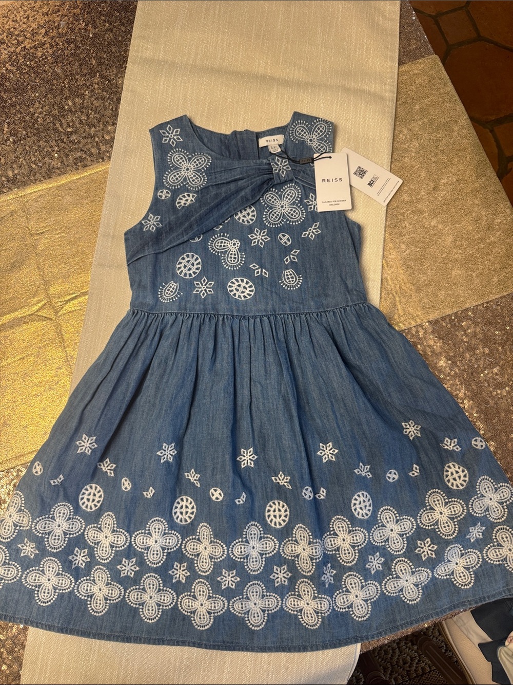 Reiss Blue Denim Dress with White Embroidery